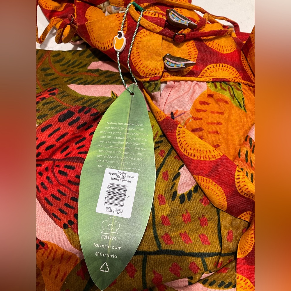Farm Rio Summer Dream Maxi Dress Linen Blend NWT L/XL Bird Button Tropical Print - Picture 6 of 6